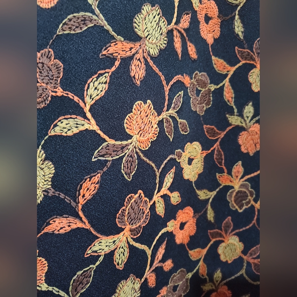 Vintage Fabric Black With Orange & Yellow Flowers Embroidered 64" X 42" Retro - Picture 3 of 3